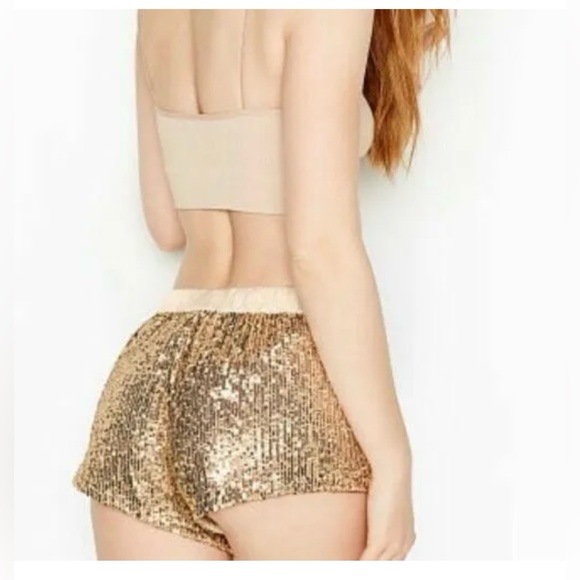 EUC Victorias Secret Gold Sequin Bling Jogger Drawstring Relax Lounge Shorts XS - Picture 1 of 8